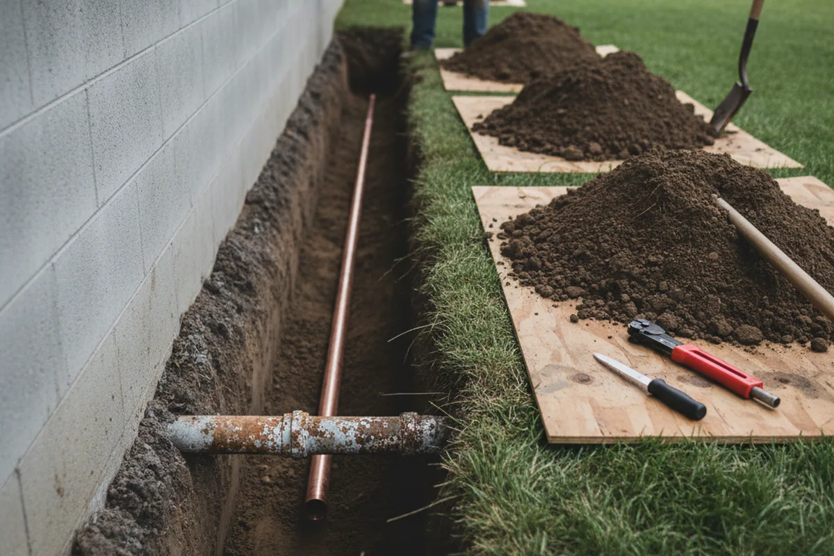 Excavated water line trench during Sewer Line Repair in Jobstown
